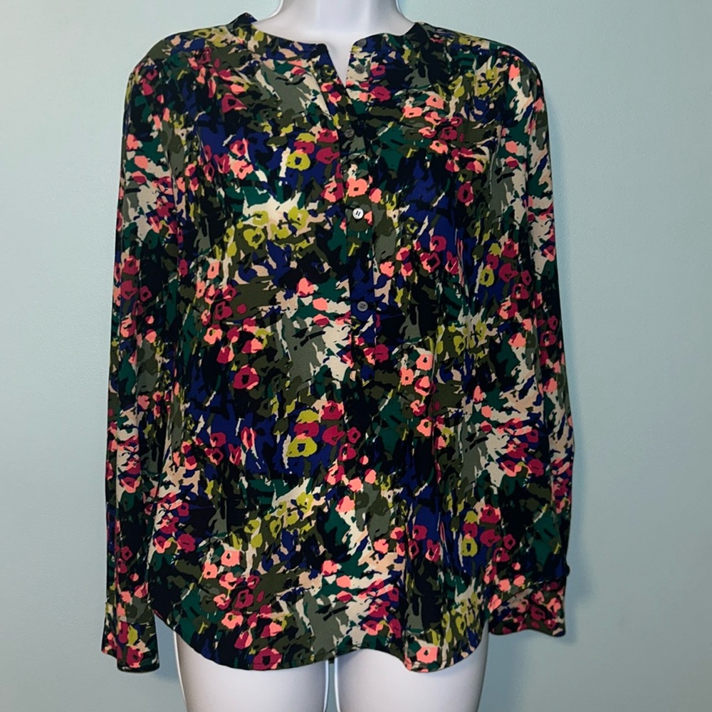 J. Crew Factory Long-Sleeved Dark Abstract Floral Top, Small